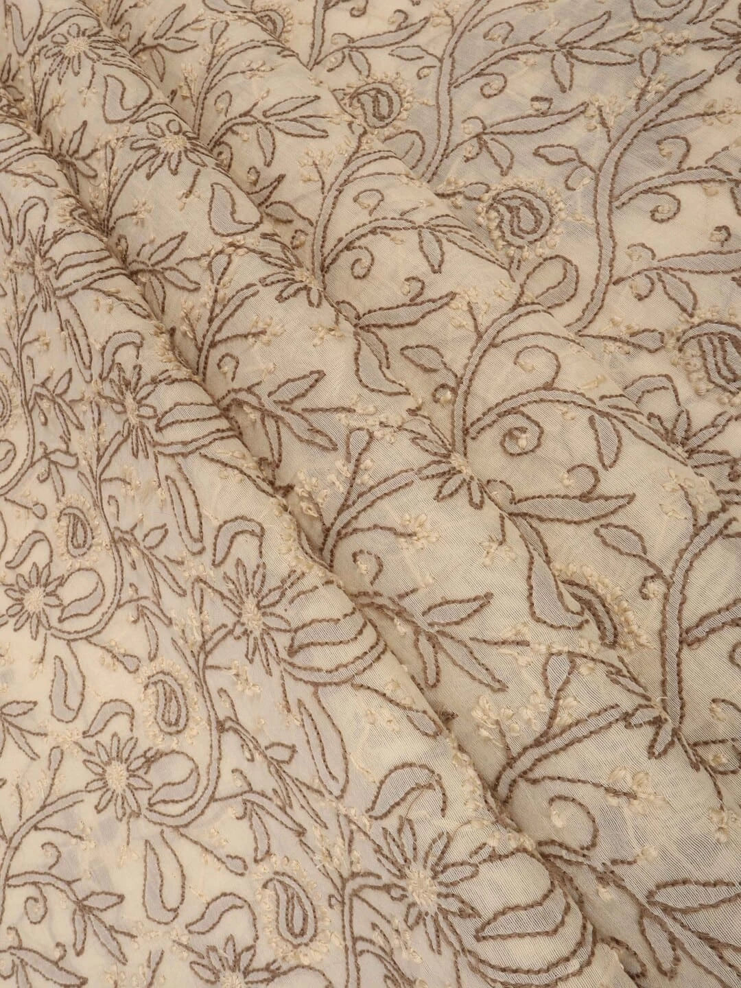 Ada Hand Embroidered Fawn Chanderi Lucknowi Chikankari Unstitched Kurta Dupatta Set 01A15714