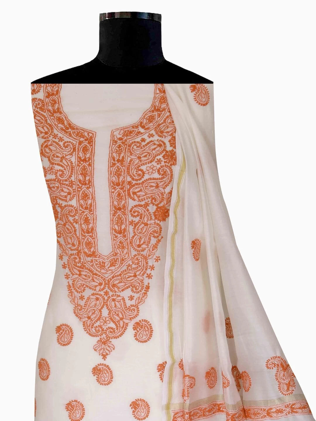 Ada Hand Embroidered Cream Chanderi Lucknowi Chikankari Unstitched Kurta Dupatta Set  01A99858