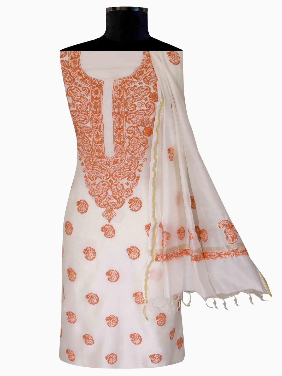 Ada Hand Embroidered Cream Chanderi Lucknowi Chikankari Unstitched Kurta Dupatta Set  01A99858