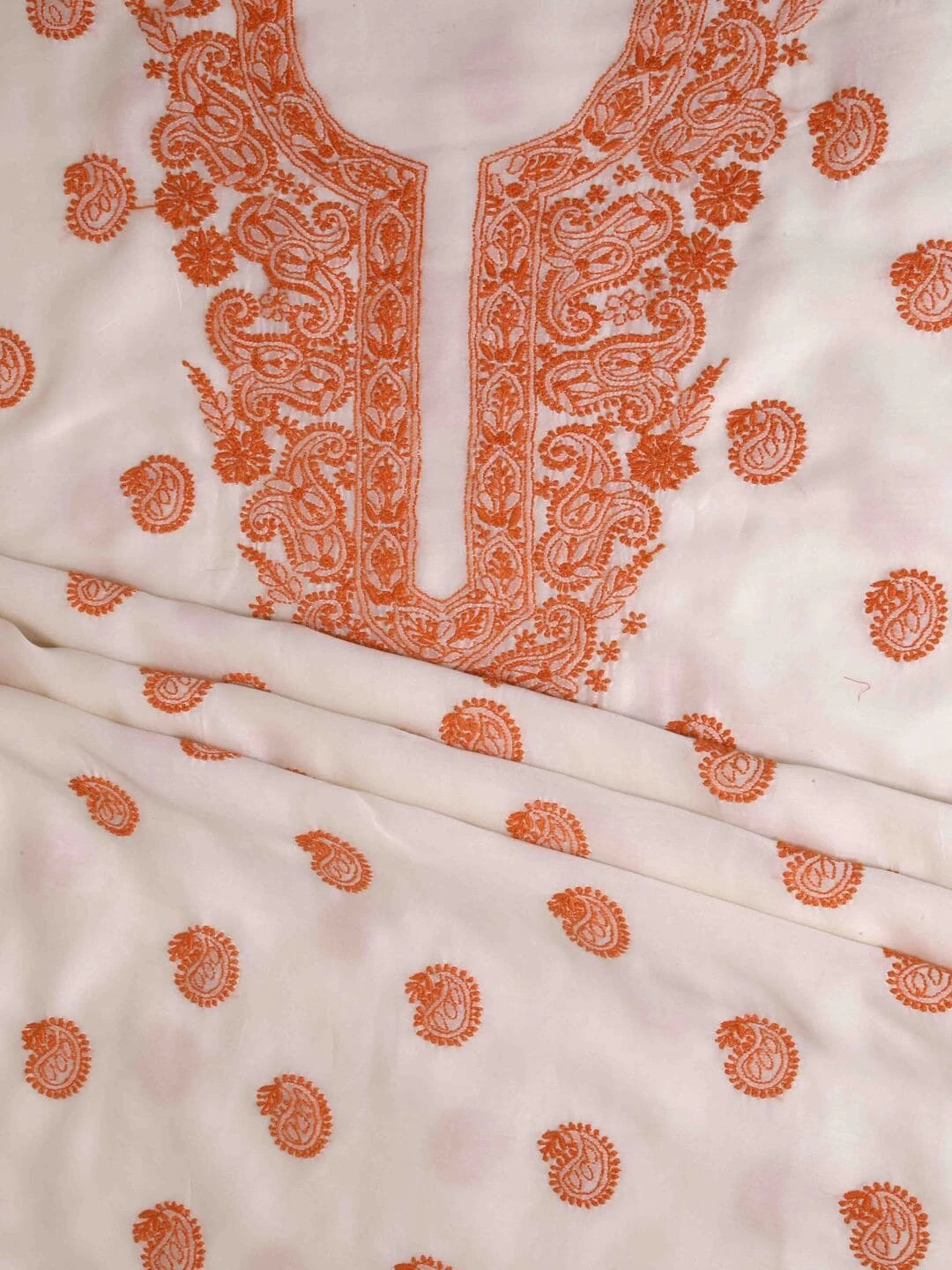 Ada Hand Embroidered Cream Chanderi Lucknowi Chikankari Unstitched Kurta Dupatta Set  01A99858