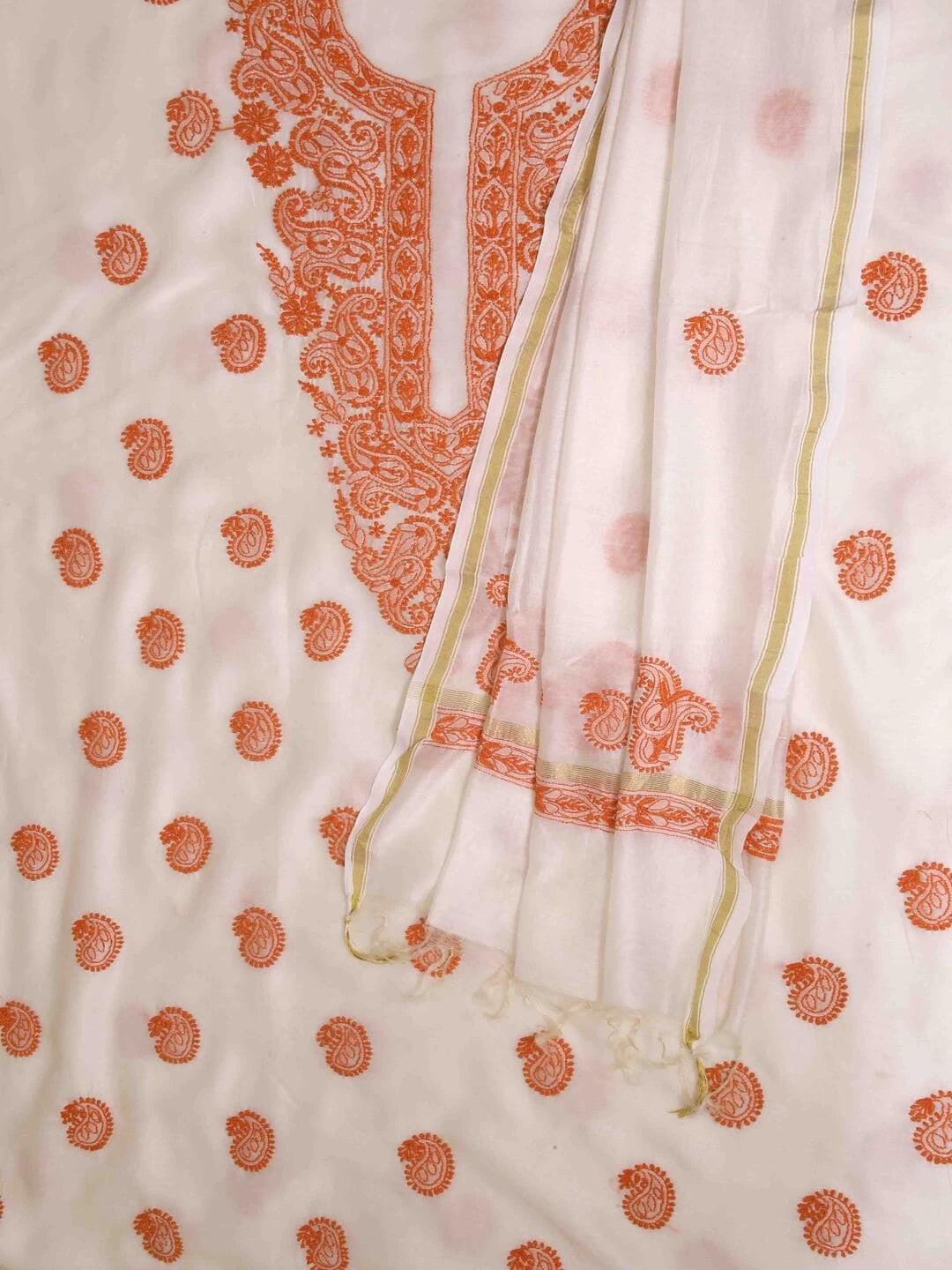 Ada Hand Embroidered Cream Chanderi Lucknowi Chikankari Unstitched Kurta Dupatta Set  01A99858
