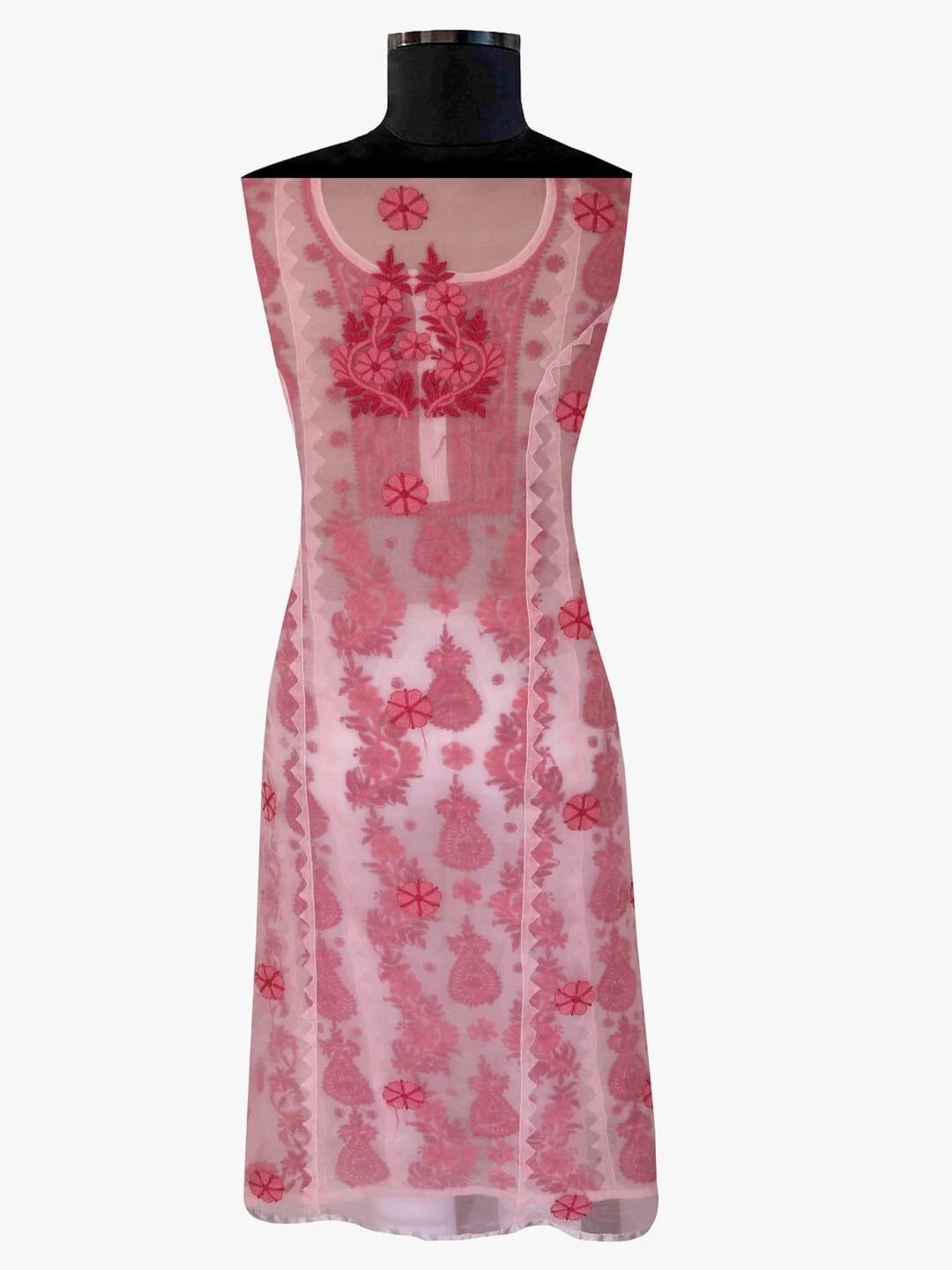 Ada Hand Embroidered Pink Organza Lucknowi Chikankari Unstitched Kurta Dupatta Set 01A112659