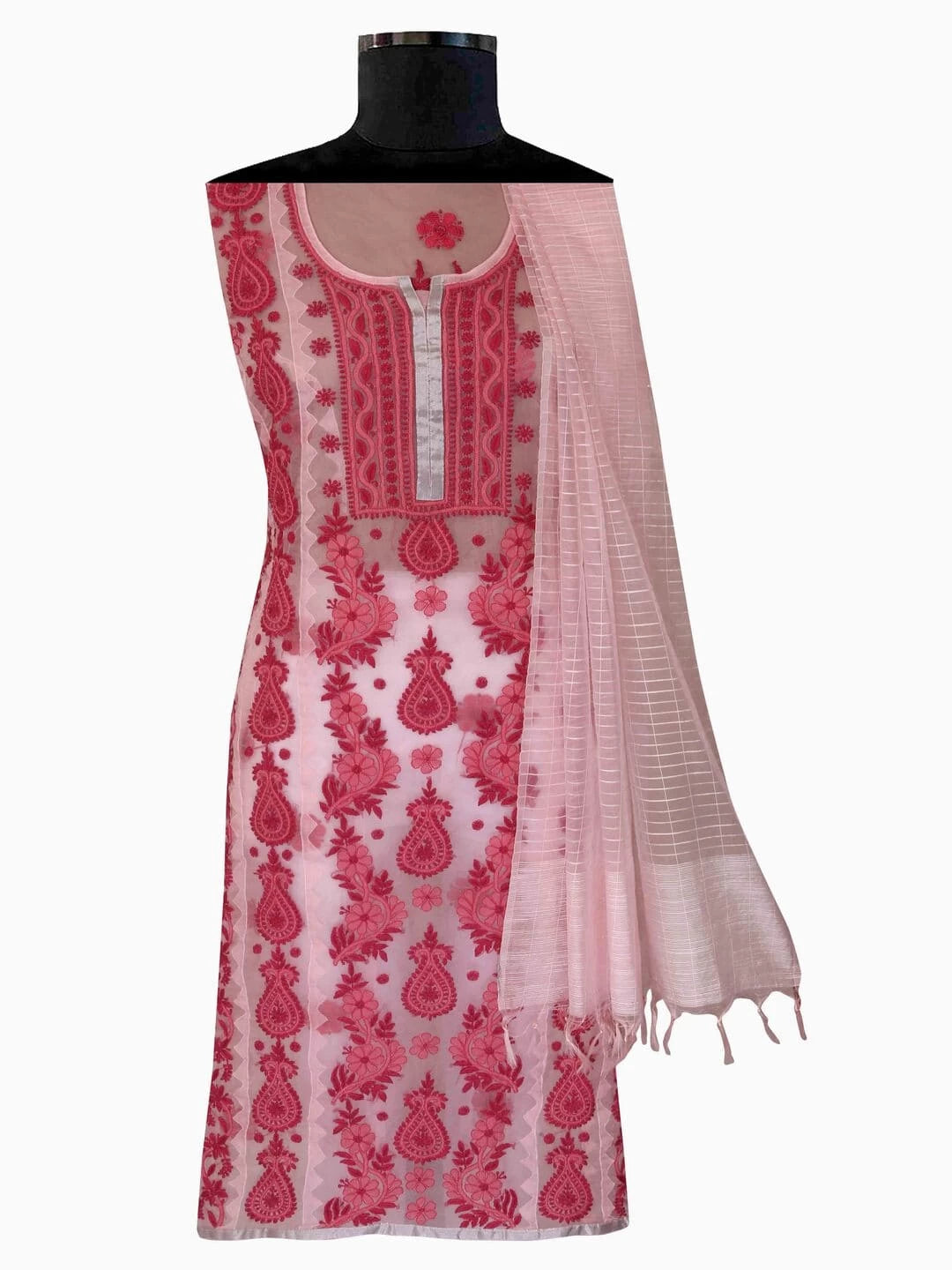 Ada Hand Embroidered Pink Organza Lucknowi Chikankari Unstitched Kurta Dupatta Set 01A112659