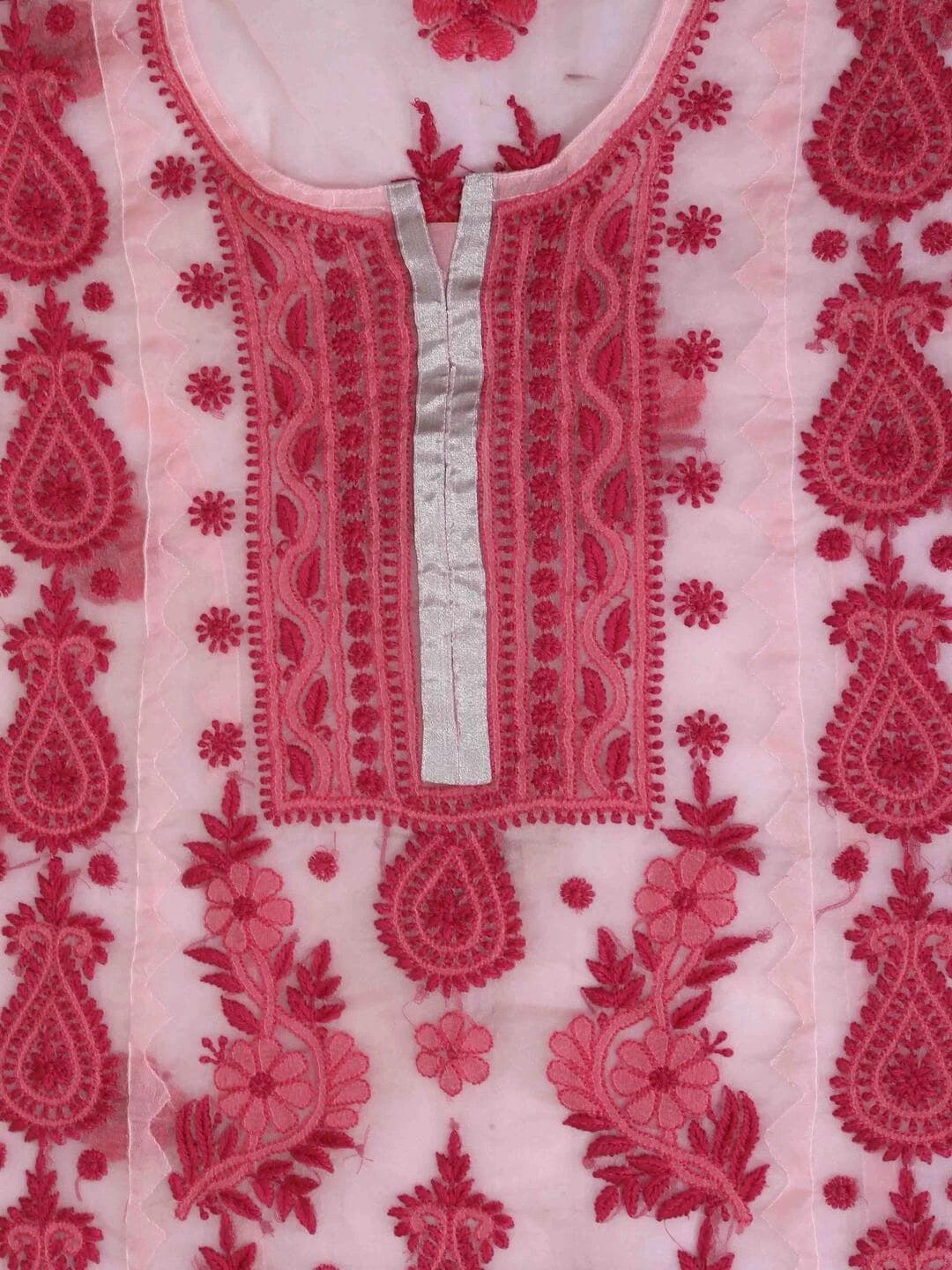 Ada Hand Embroidered Pink Organza Lucknowi Chikankari Unstitched Kurta Dupatta Set 01A112659