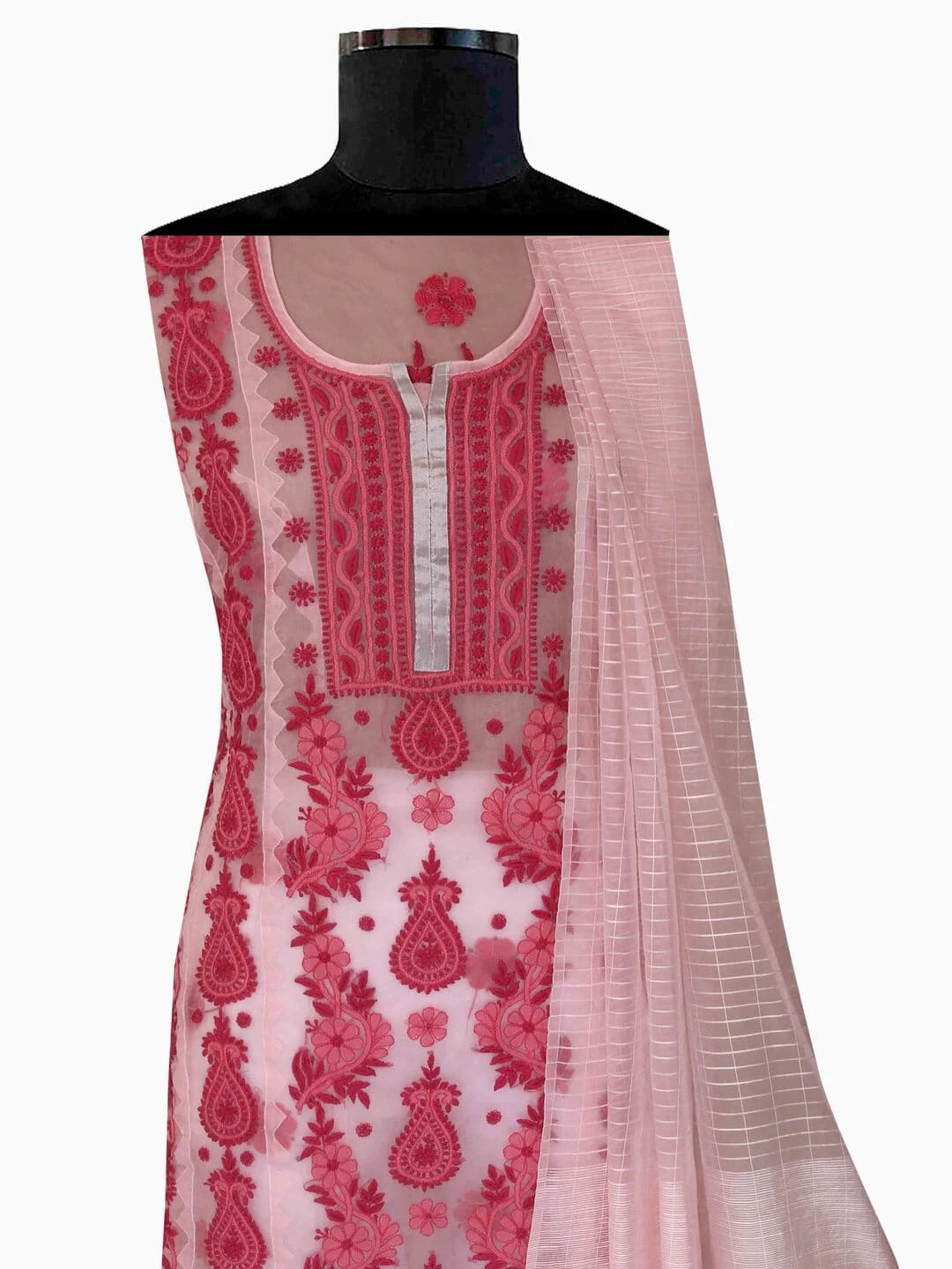 Ada Hand Embroidered Pink Organza Lucknowi Chikankari Unstitched Kurta Dupatta Set 01A112659