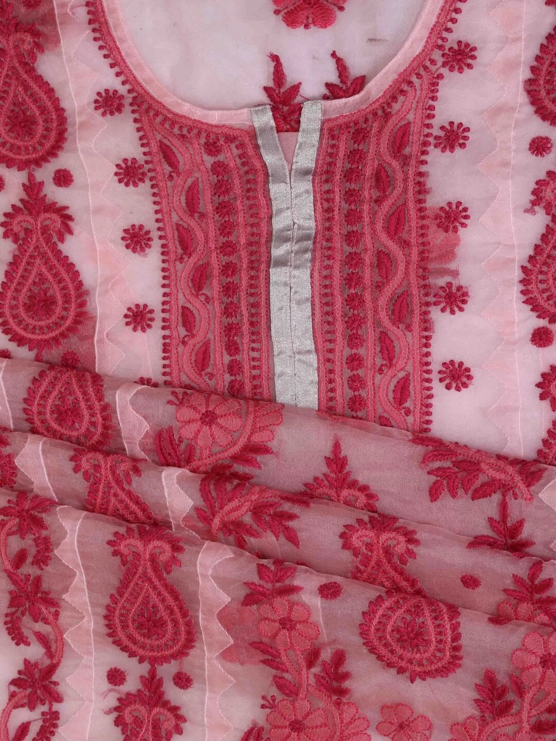 Ada Hand Embroidered Pink Organza Lucknowi Chikankari Unstitched Kurta Dupatta Set 01A112659