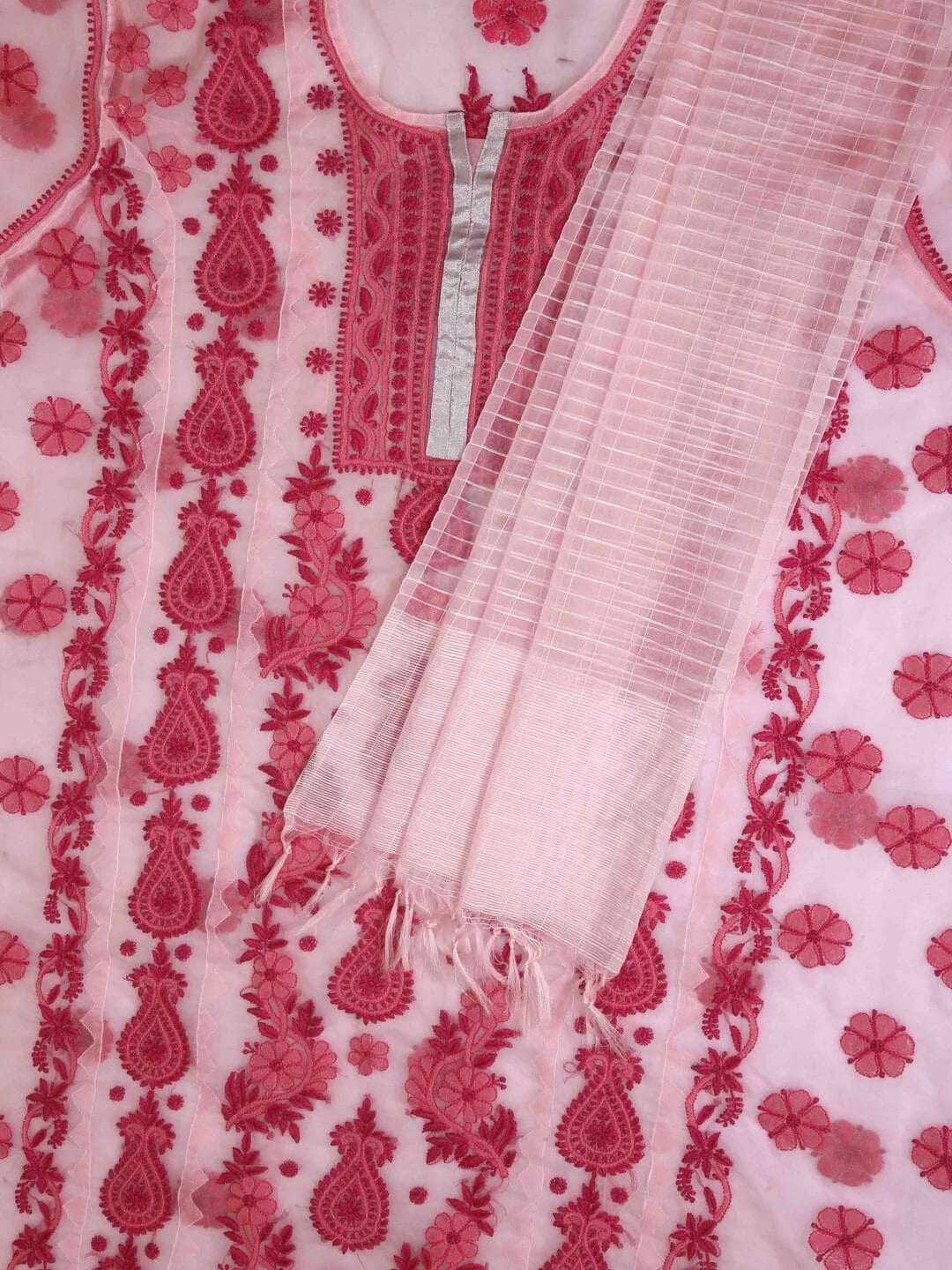 Ada Hand Embroidered Pink Organza Lucknowi Chikankari Unstitched Kurta Dupatta Set 01A112659