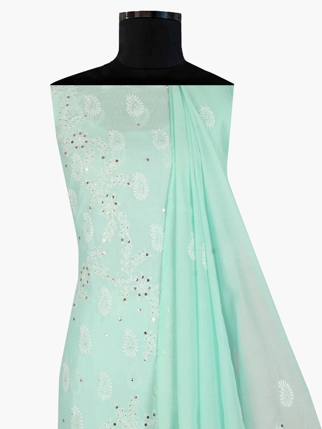 Ada Hand Embroidered Sea Green Chanderi Lucknowi Chikankari Unstitched Kurta Dupatta Set with Mukaish Work 01A41230