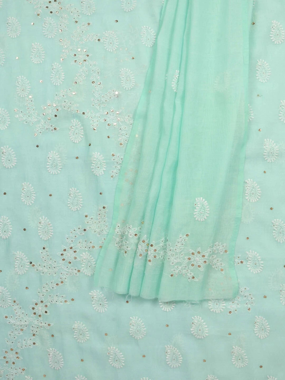 Ada Hand Embroidered Sea Green Chanderi Lucknowi Chikankari Unstitched Kurta Dupatta Set with Mukaish Work 01A41230