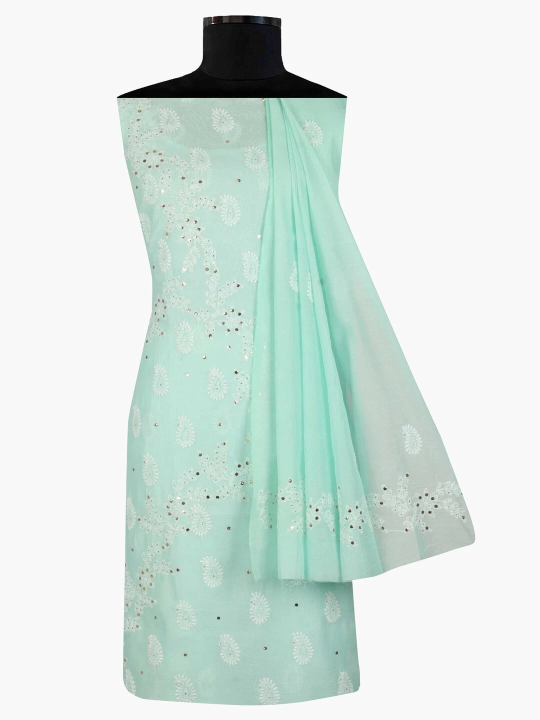 Ada Hand Embroidered Sea Green Chanderi Lucknowi Chikankari Unstitched Kurta Dupatta Set with Mukaish Work 01A41230