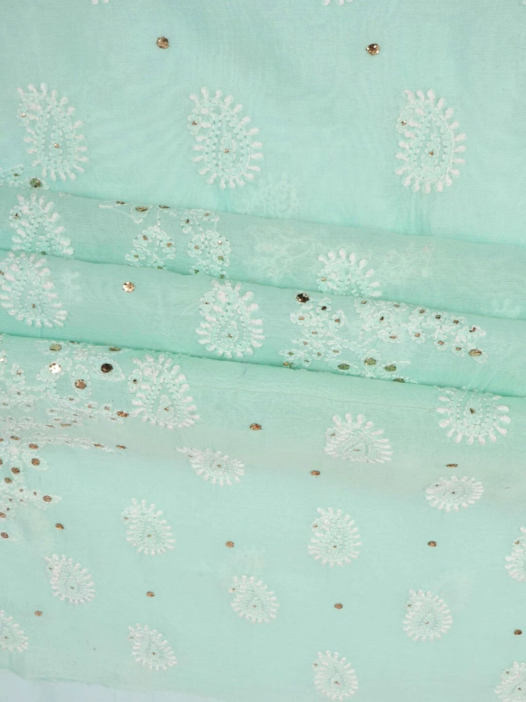 Ada Hand Embroidered Sea Green Chanderi Lucknowi Chikankari Unstitched Kurta Dupatta Set with Mukaish Work 01A41230