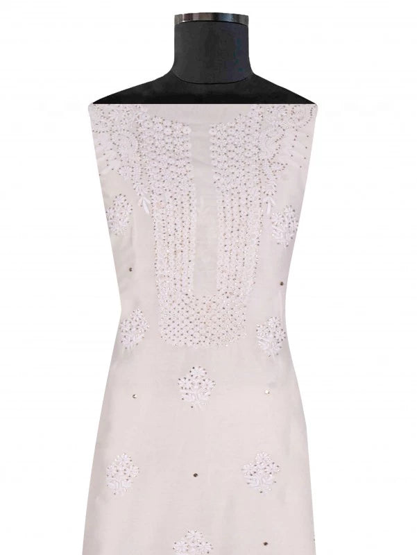 Ada Hand Embroidered Off White Chanderi Lucknowi Chikankari Unstitched Kurta Dupatta Set With Muqaish Work 01A132497