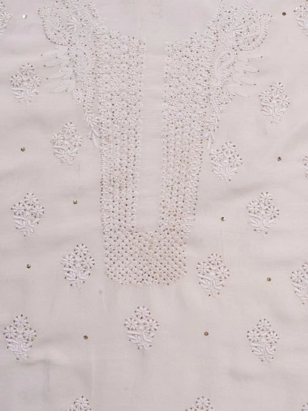 Ada Hand Embroidered Off White Chanderi Lucknowi Chikankari Unstitched Kurta Dupatta Set With Muqaish Work 01A132497