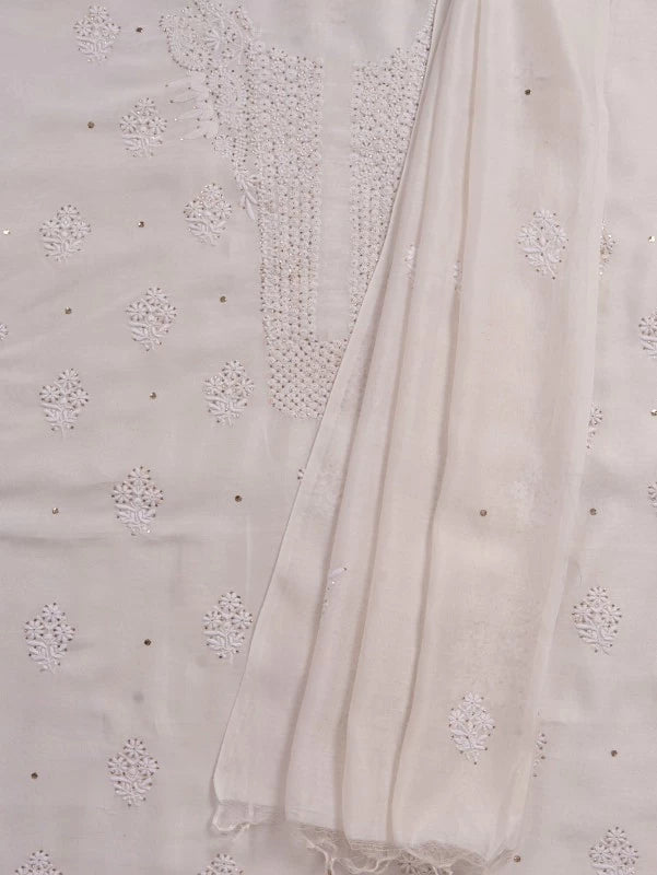 Ada Hand Embroidered Off White Chanderi Lucknowi Chikankari Unstitched Kurta Dupatta Set With Muqaish Work 01A132497