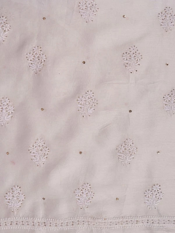 Ada Hand Embroidered Off White Chanderi Lucknowi Chikankari Unstitched Kurta Dupatta Set With Muqaish Work 01A132497