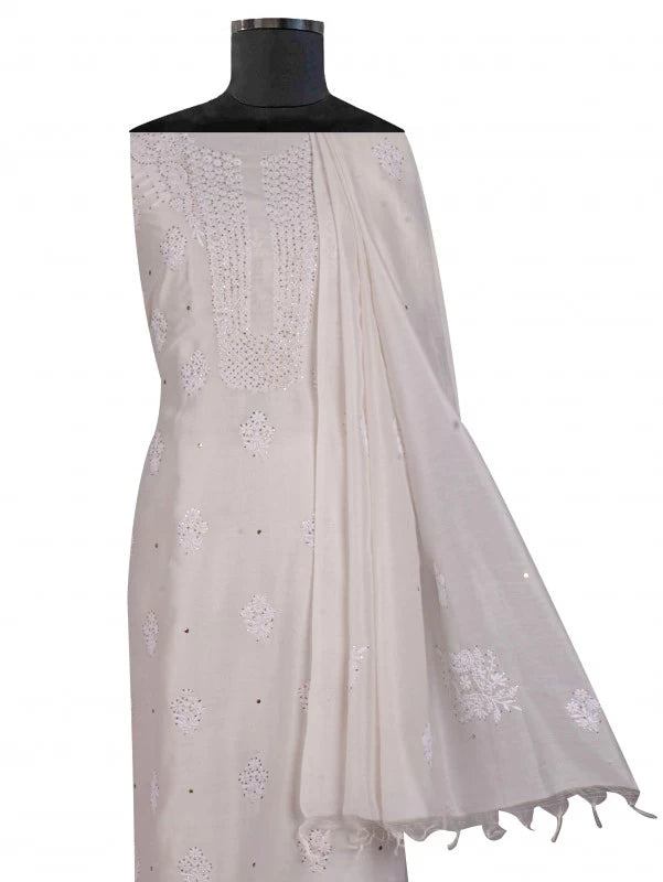 Ada Hand Embroidered Off White Chanderi Lucknowi Chikankari Unstitched Kurta Dupatta Set With Muqaish Work 01A132497