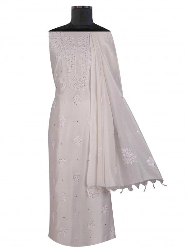 Ada Hand Embroidered Off White Chanderi Lucknowi Chikankari Unstitched Kurta Dupatta Set With Muqaish Work 01A132497