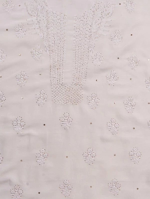 Ada Hand Embroidered Off White Chanderi Lucknowi Chikankari Unstitched Kurta Dupatta Set With Muqaish Work 01A132497