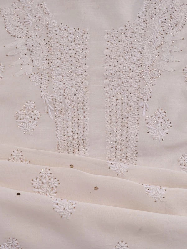 Ada Hand Embroidered Off White Chanderi Lucknowi Chikankari Unstitched Kurta Dupatta Set With Muqaish Work 01A132497