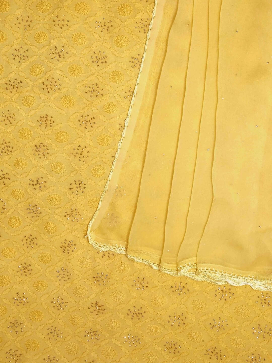 Ada Hand Embroidered Yellow Chanderi Lucknowi Chikankari Unstitched Kurta Dupatta Set With Muqaish Work 01A128091
