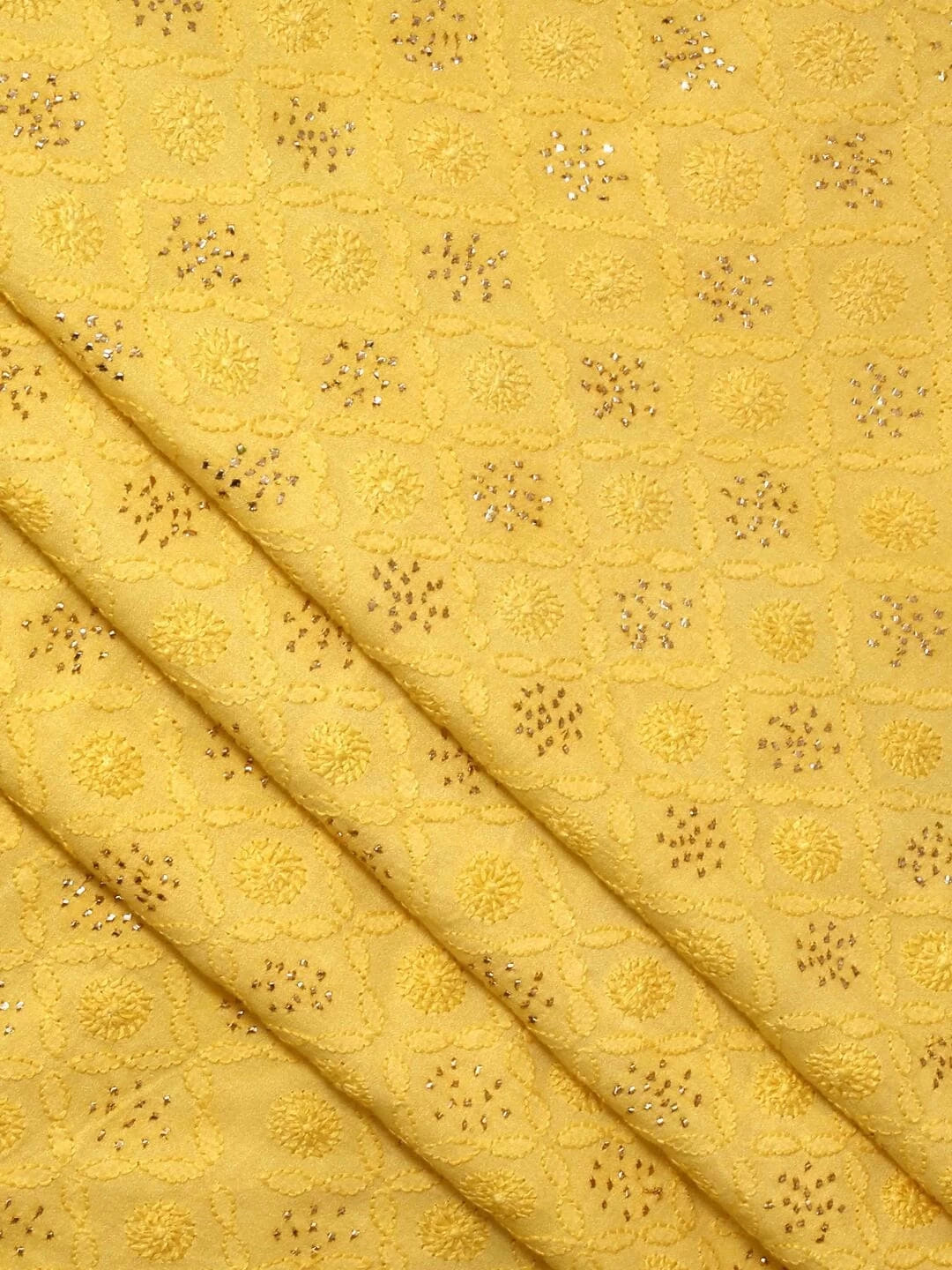 Ada Hand Embroidered Yellow Chanderi Lucknowi Chikankari Unstitched Kurta Dupatta Set With Muqaish Work 01A128091