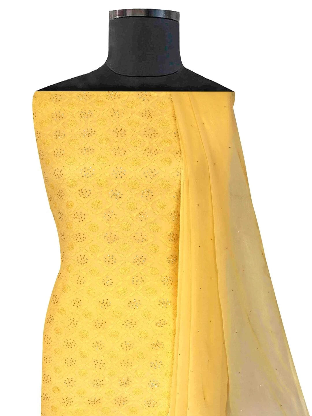 Ada Hand Embroidered Yellow Chanderi Lucknowi Chikankari Unstitched Kurta Dupatta Set With Muqaish Work 01A128091