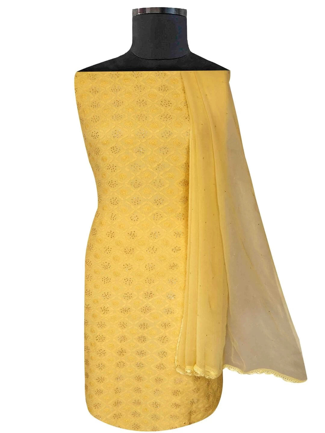 Ada Hand Embroidered Yellow Chanderi Lucknowi Chikankari Unstitched Kurta Dupatta Set With Muqaish Work 01A128091