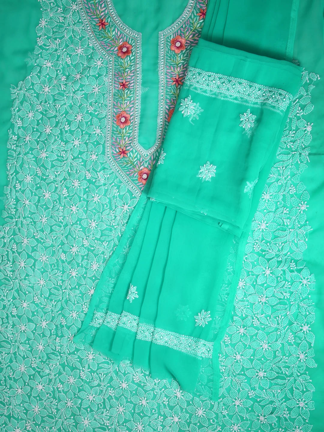 Ada Hand Embroidered Rama Green Georgette Lucknowi Chikankari Unstitched Suit Piece With Parsi Work A211258