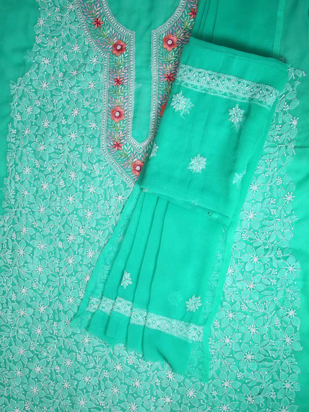 Ada Hand Embroidered Rama Green Georgette Lucknowi Chikankari Unstitched Suit Piece With Parsi Work A211258