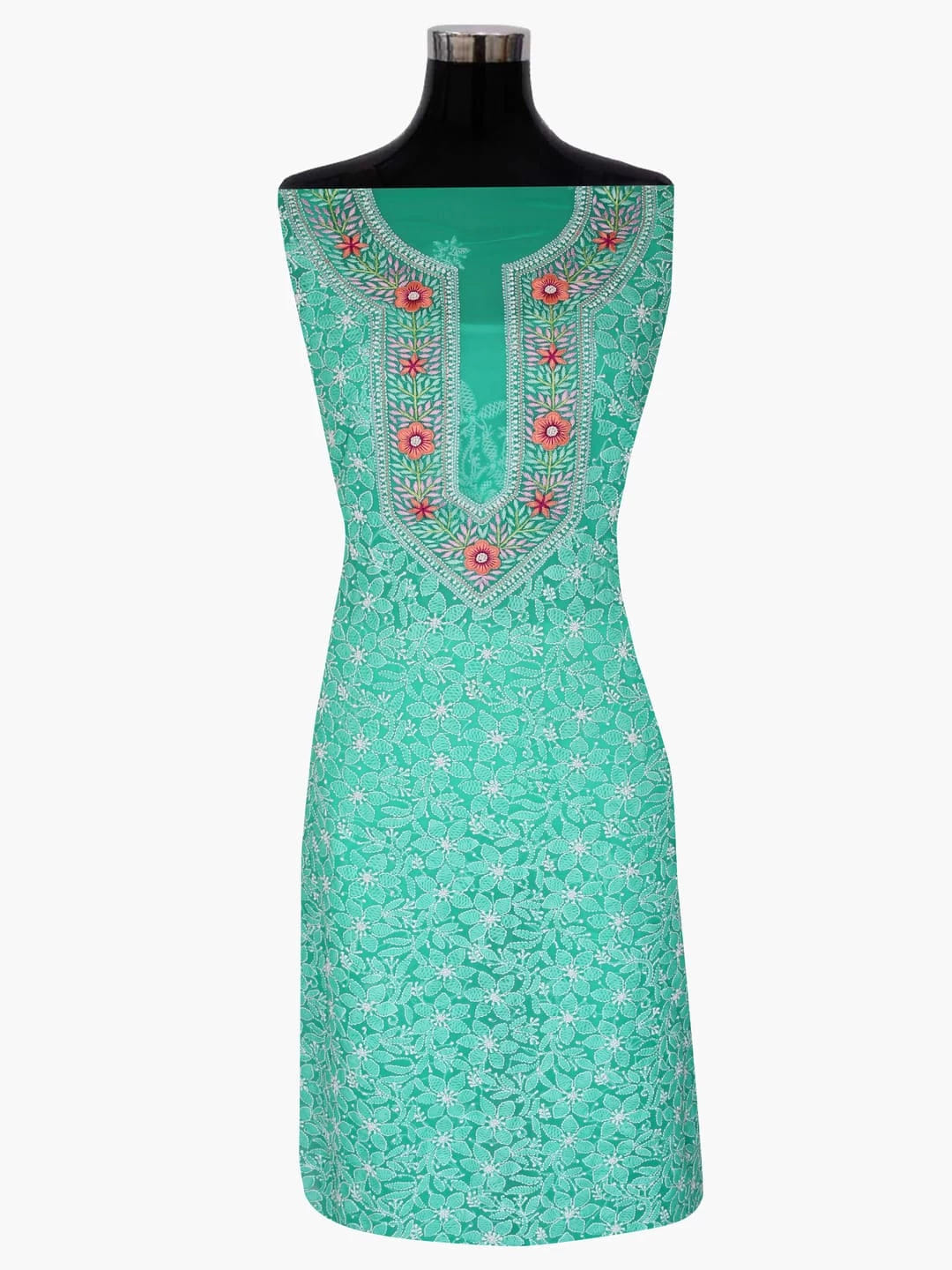 Ada Hand Embroidered Rama Green Georgette Lucknowi Chikankari Unstitched Suit Piece With Parsi Work A211258