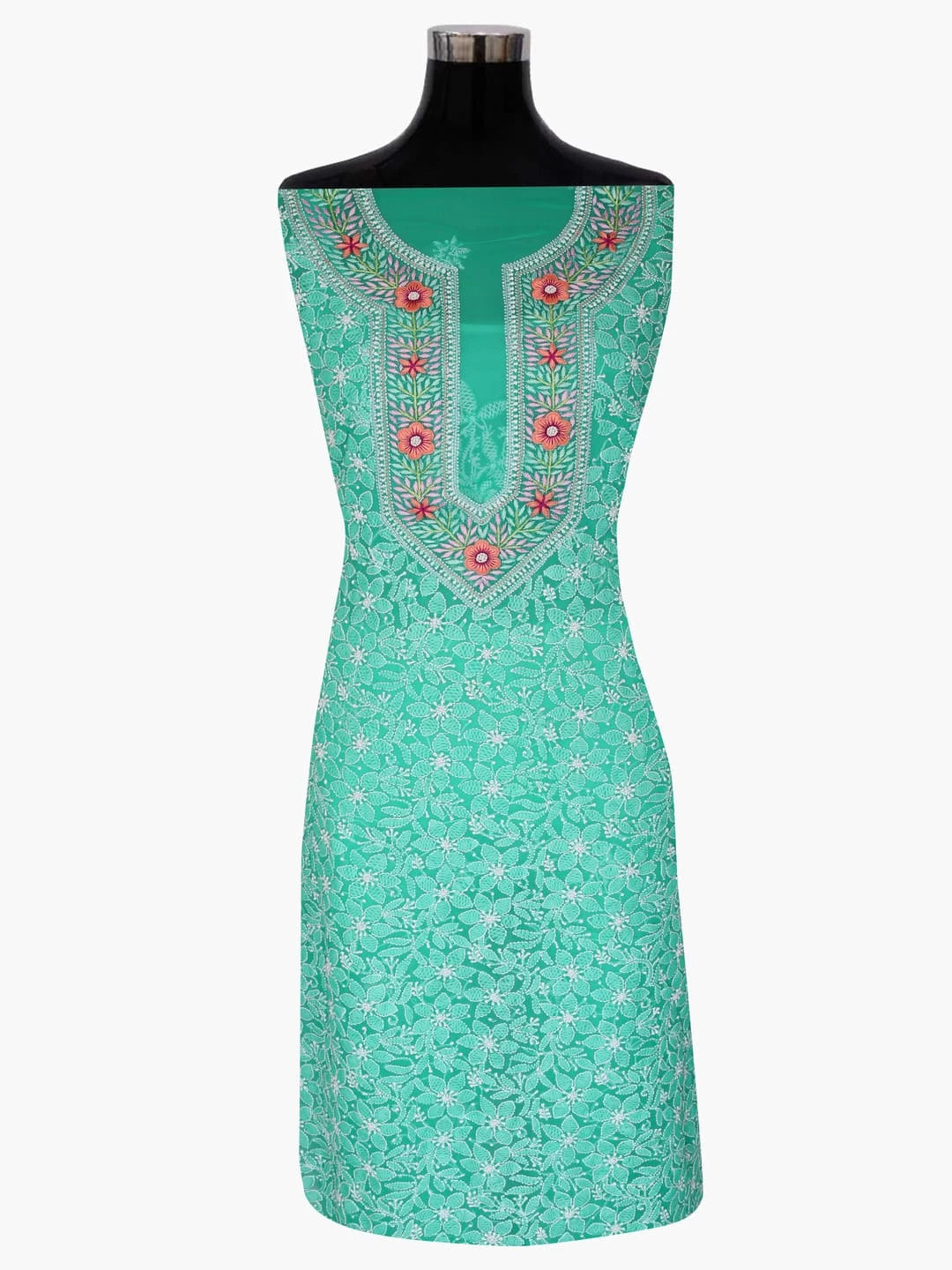 Ada Hand Embroidered Rama Green Georgette Lucknowi Chikankari Unstitched Suit Piece With Parsi Work A211258