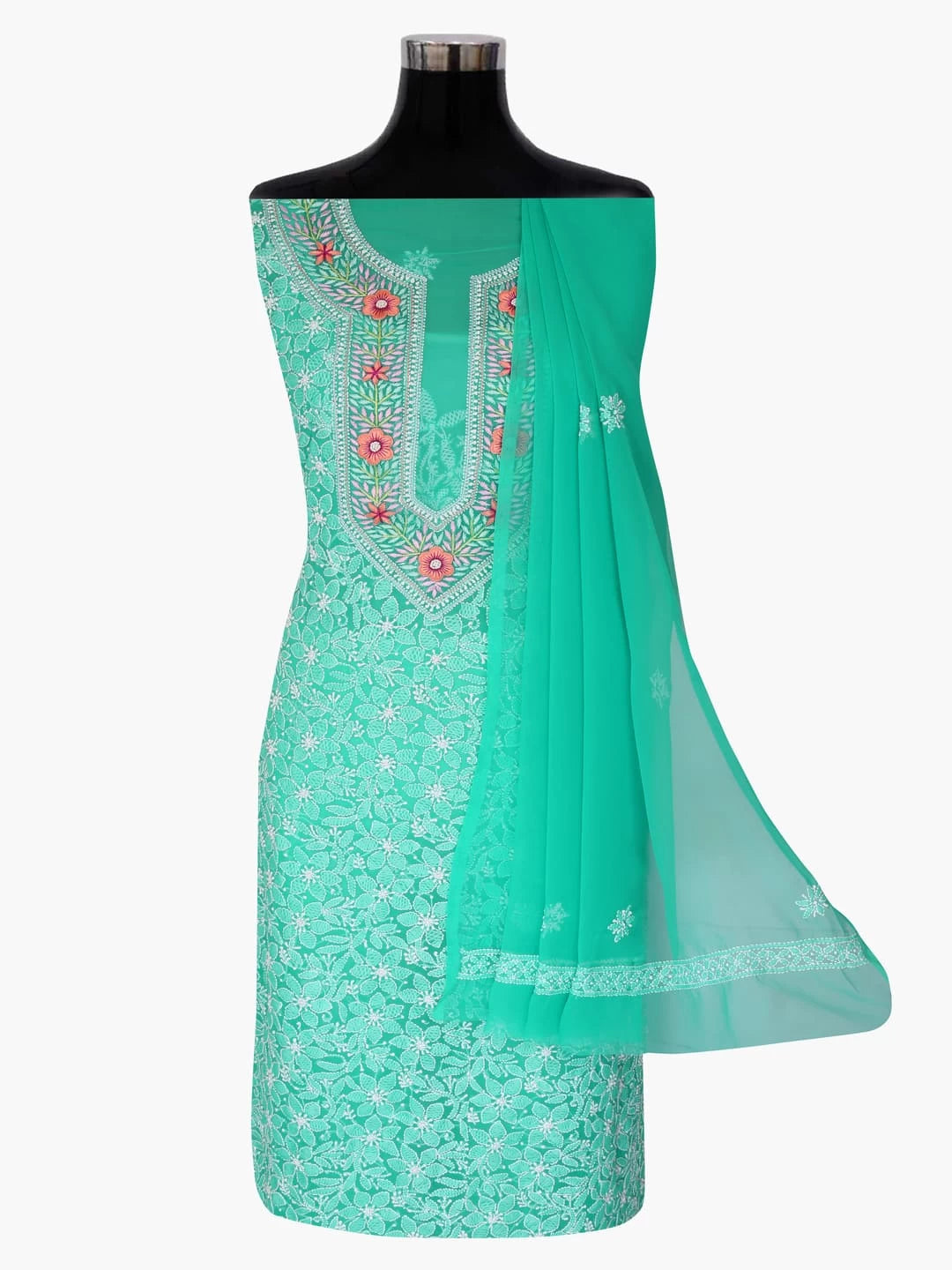 Ada Hand Embroidered Rama Green Georgette Lucknowi Chikankari Unstitched Suit Piece With Parsi Work A211258