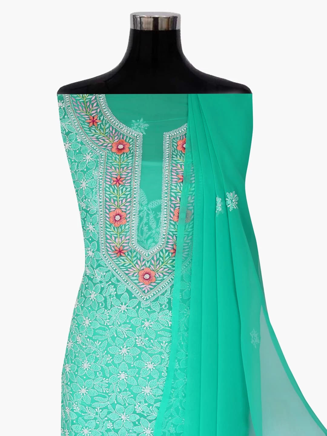 Ada Hand Embroidered Rama Green Georgette Lucknowi Chikankari Unstitched Suit Piece With Parsi Work A211258
