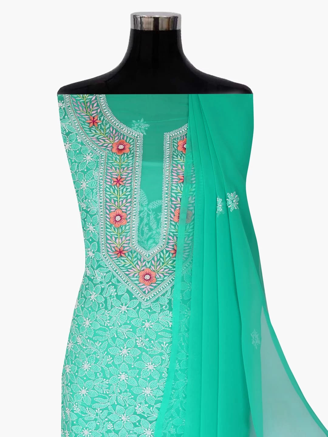 Ada Hand Embroidered Rama Green Georgette Lucknowi Chikankari Unstitched Suit Piece With Parsi Work A211258