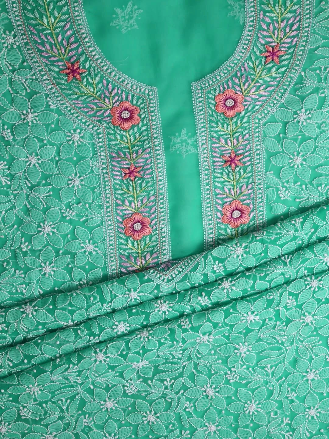 Ada Hand Embroidered Rama Green Georgette Lucknowi Chikankari Unstitched Suit Piece With Parsi Work A211258