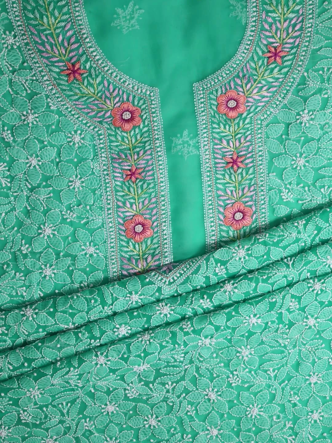 Ada Hand Embroidered Rama Green Georgette Lucknowi Chikankari Unstitched Suit Piece With Parsi Work A211258