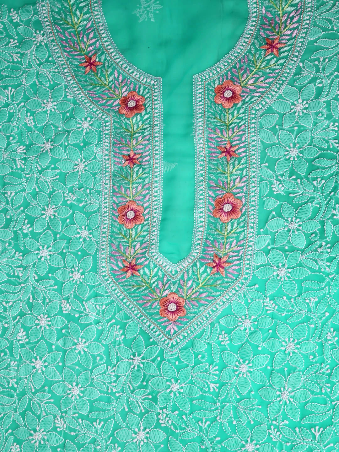 Ada Hand Embroidered Rama Green Georgette Lucknowi Chikankari Unstitched Suit Piece With Parsi Work A211258