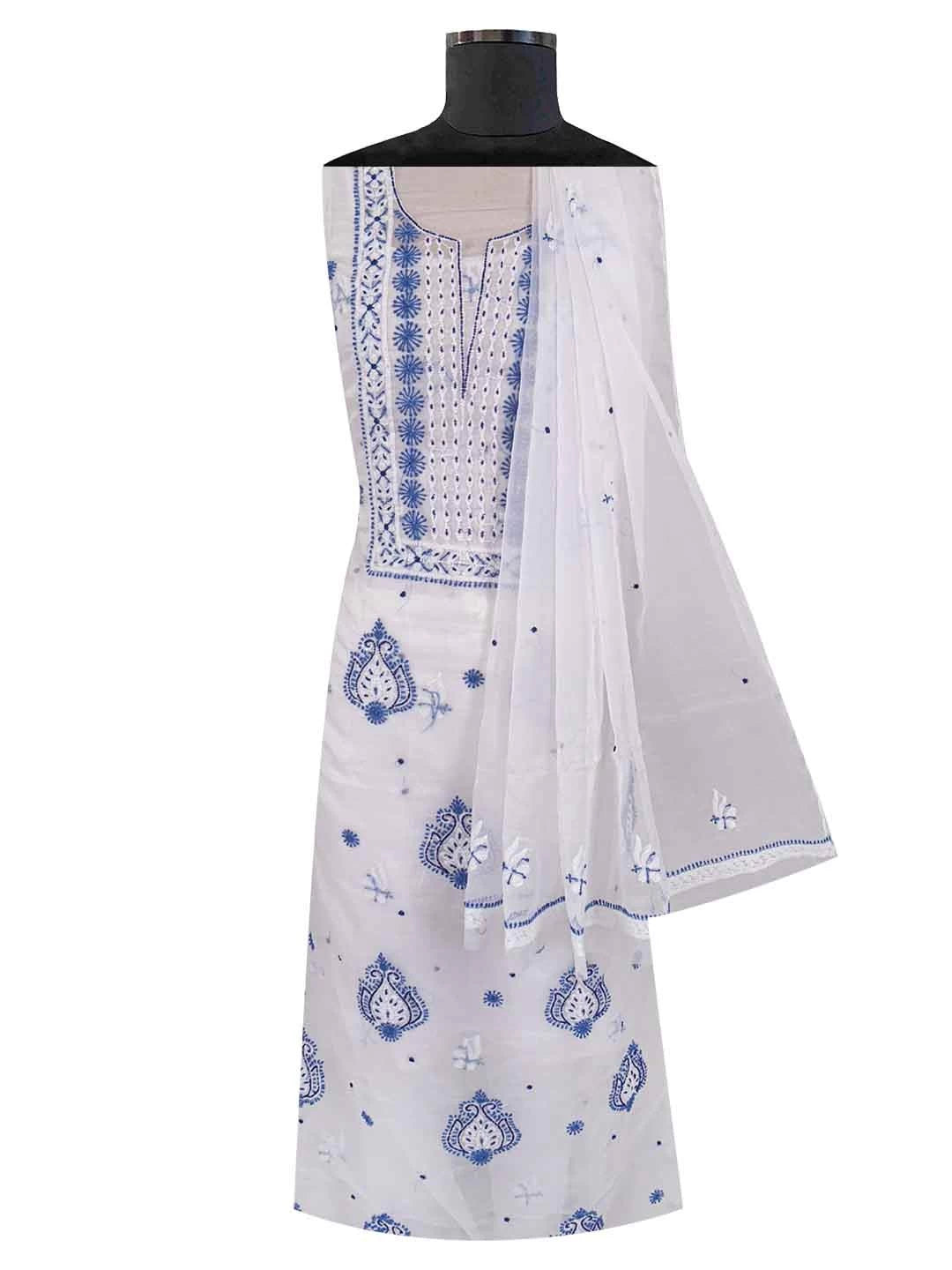 Ada Hand Embroidered White Organza Lucknowi Chikankari Unstitched Kurta Dupatta Set With Pearl Work 01A230620