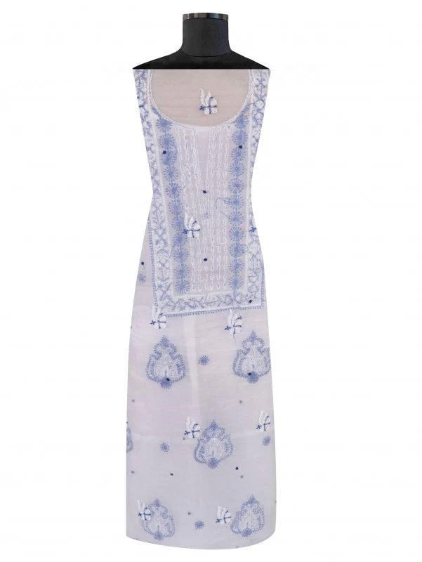 Ada Hand Embroidered White Organza Lucknowi Chikankari Unstitched Kurta Dupatta Set With Pearl Work 01A230620