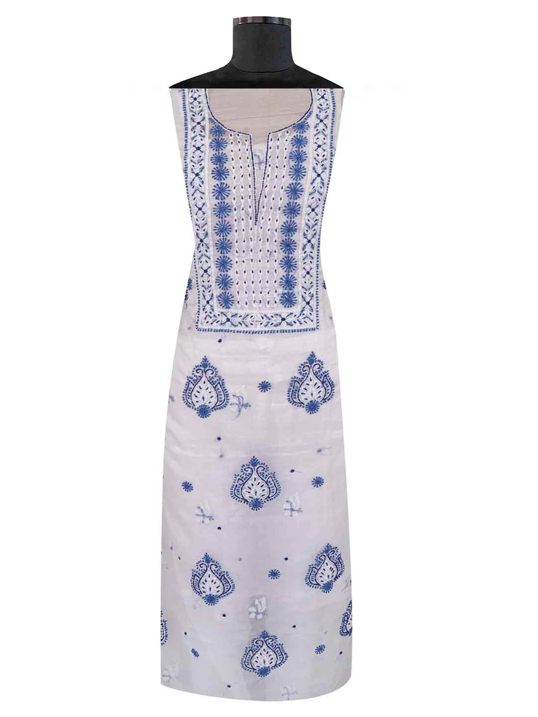 Ada Hand Embroidered White Organza Lucknowi Chikankari Unstitched Kurta Dupatta Set With Pearl Work 01A230620
