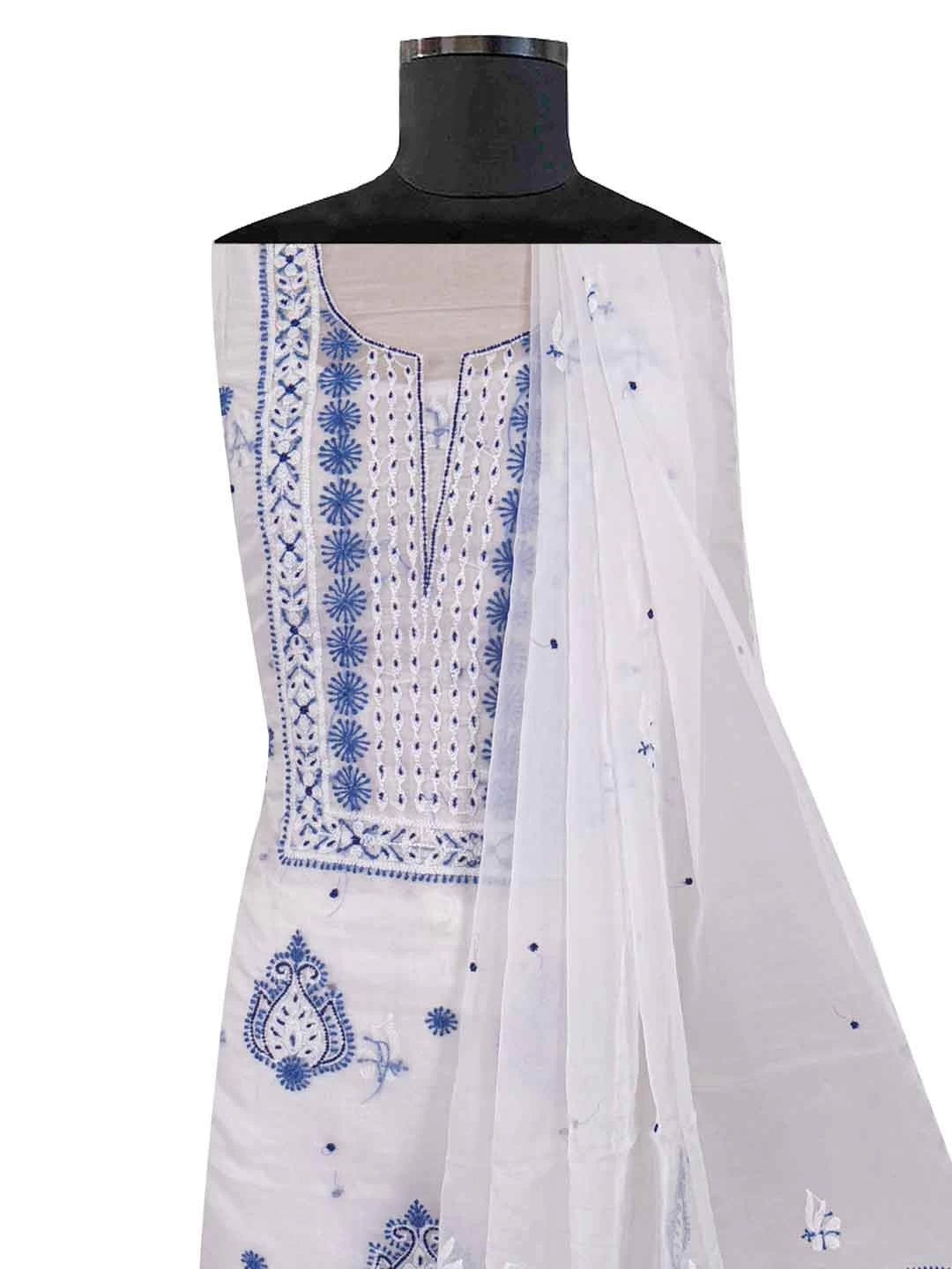 Ada Hand Embroidered White Organza Lucknowi Chikankari Unstitched Kurta Dupatta Set With Pearl Work 01A230620