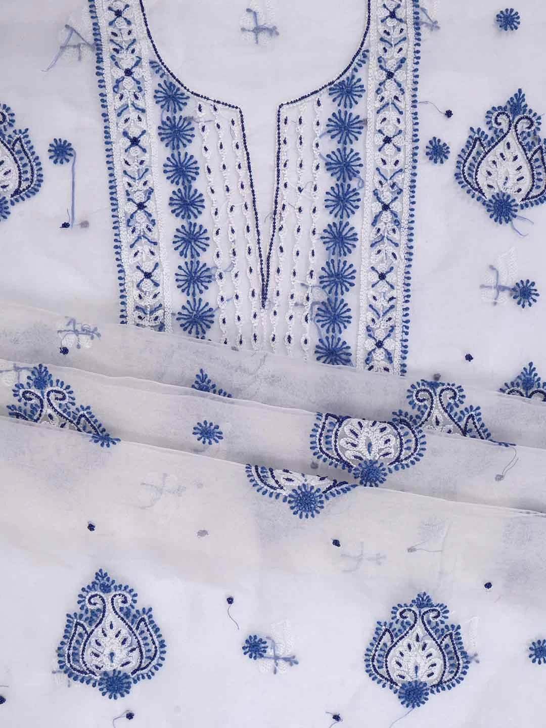 Ada Hand Embroidered White Organza Lucknowi Chikankari Unstitched Kurta Dupatta Set With Pearl Work 01A230620