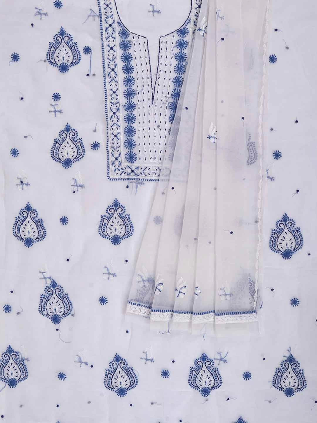 Ada Hand Embroidered White Organza Lucknowi Chikankari Unstitched Kurta Dupatta Set With Pearl Work 01A230620