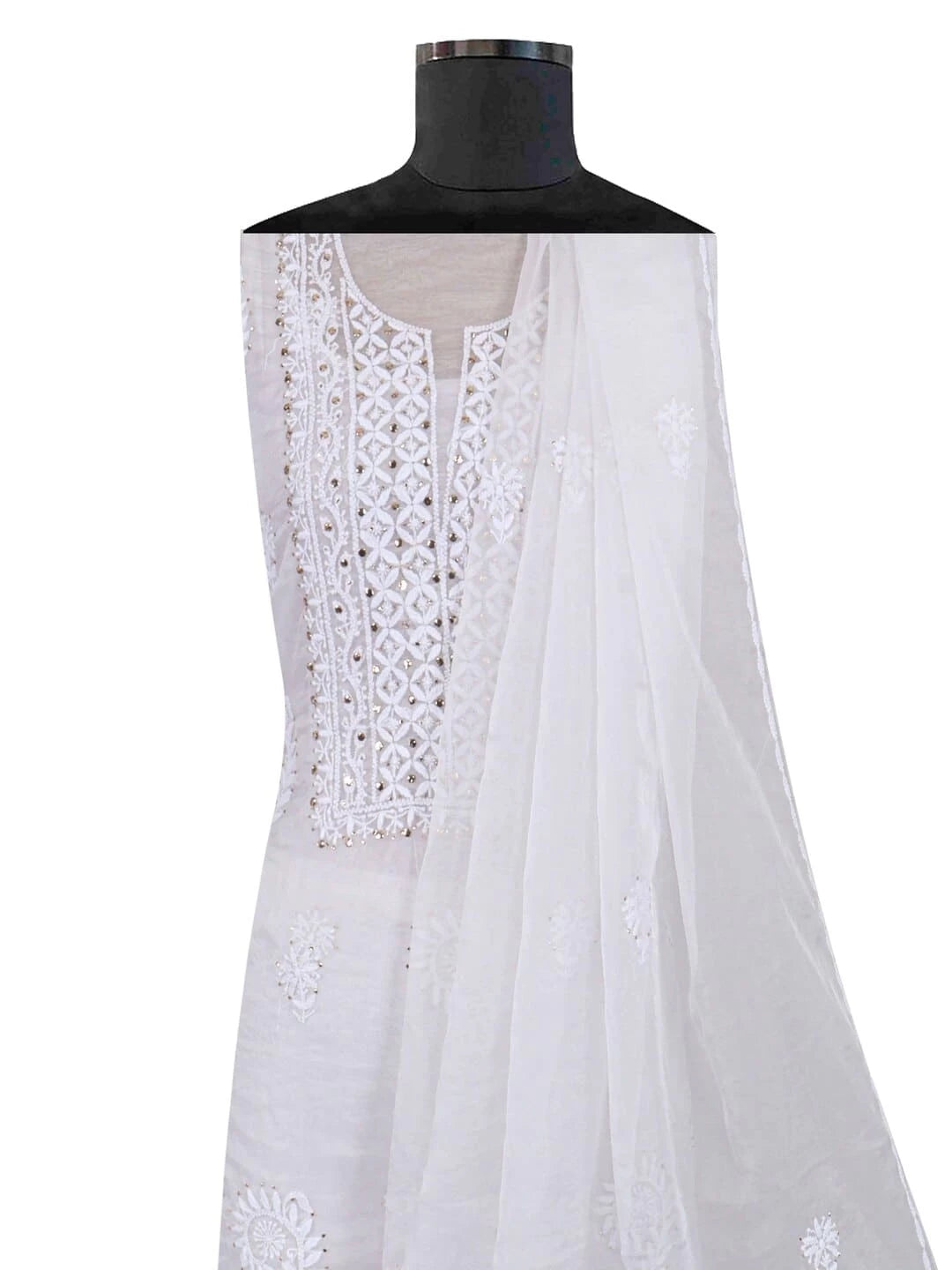Ada Hand Embroidered White Organza Lucknowi Chikankari Unstitched Kurta Dupatta Set With Muqaish Work 01A226930