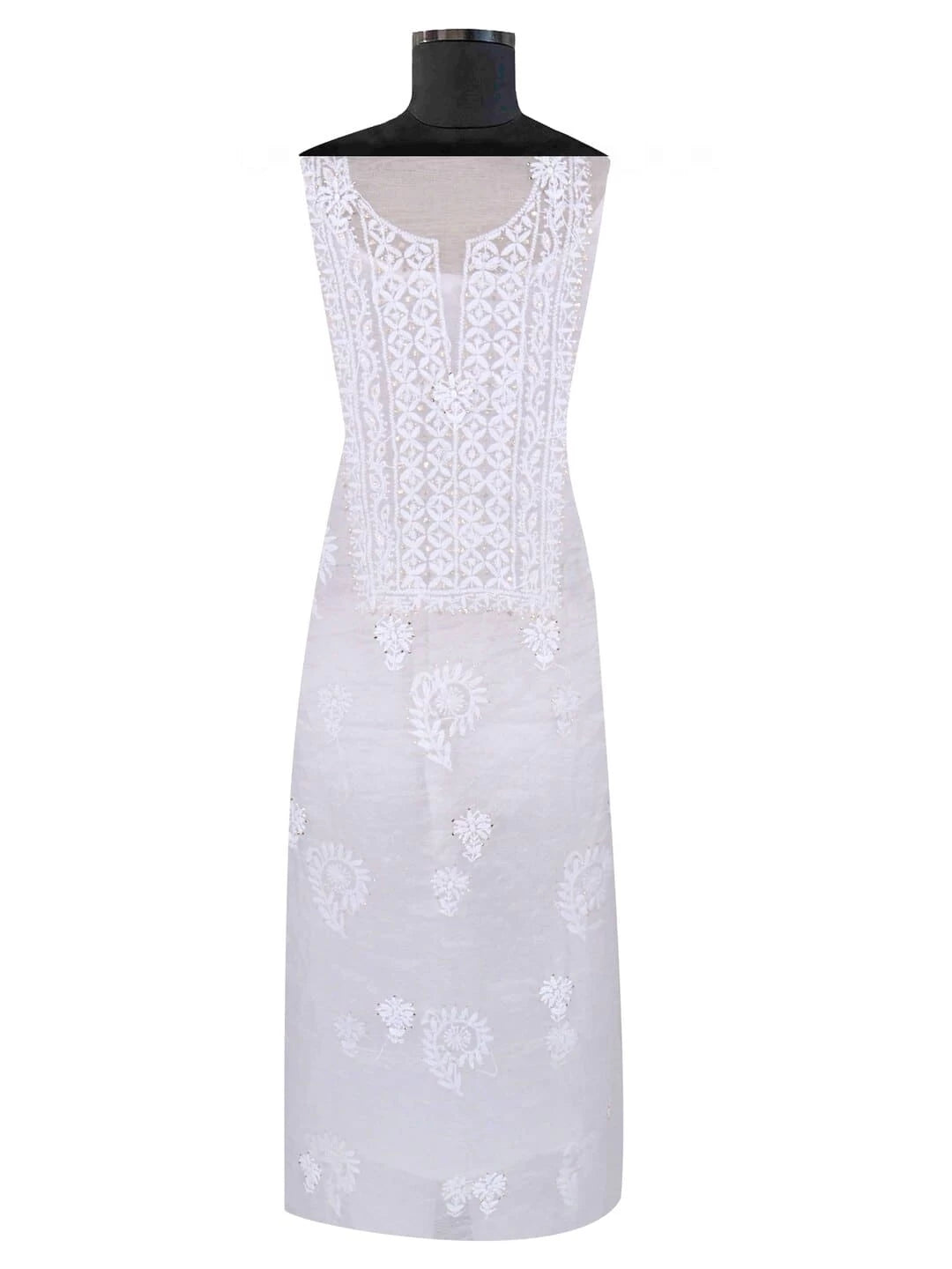Ada Hand Embroidered White Organza Lucknowi Chikankari Unstitched Kurta Dupatta Set With Muqaish Work 01A226930