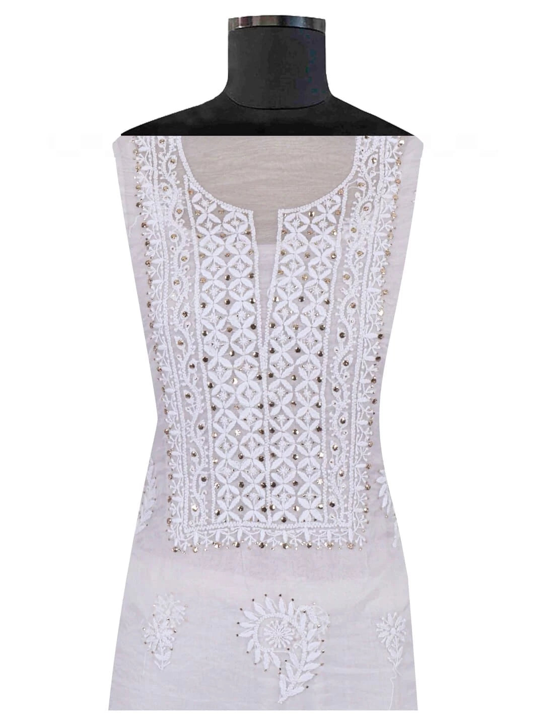 Ada Hand Embroidered White Organza Lucknowi Chikankari Unstitched Kurta Dupatta Set With Muqaish Work 01A226930