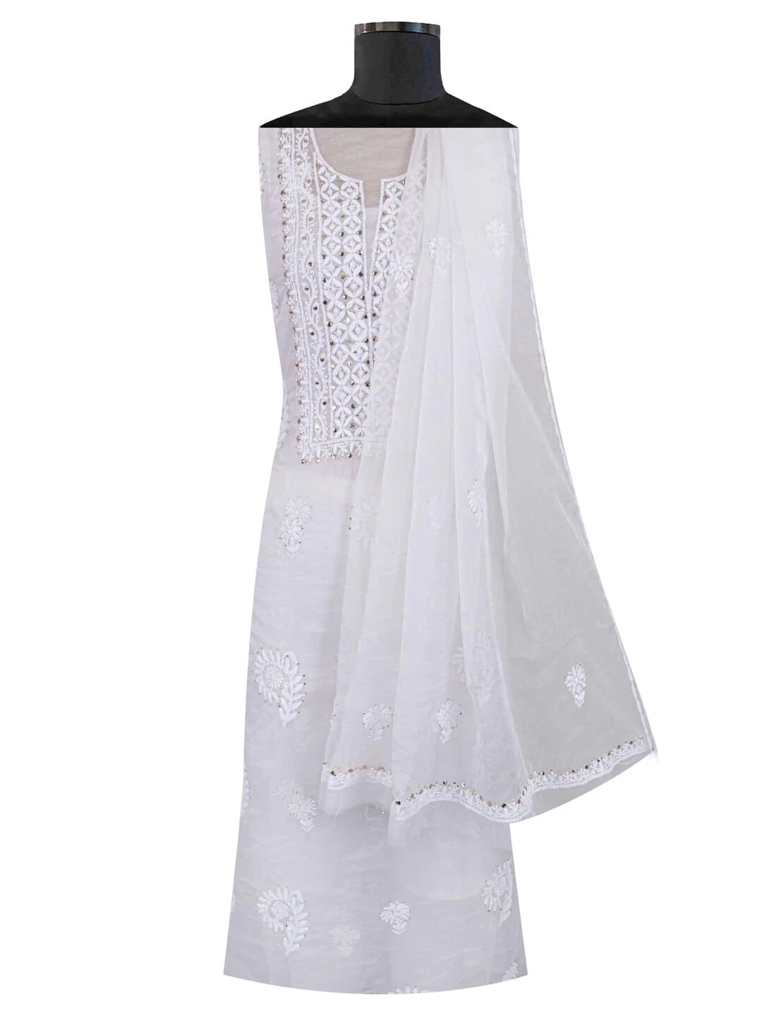 Ada Hand Embroidered White Organza Lucknowi Chikankari Unstitched Kurta Dupatta Set With Muqaish Work 01A226930