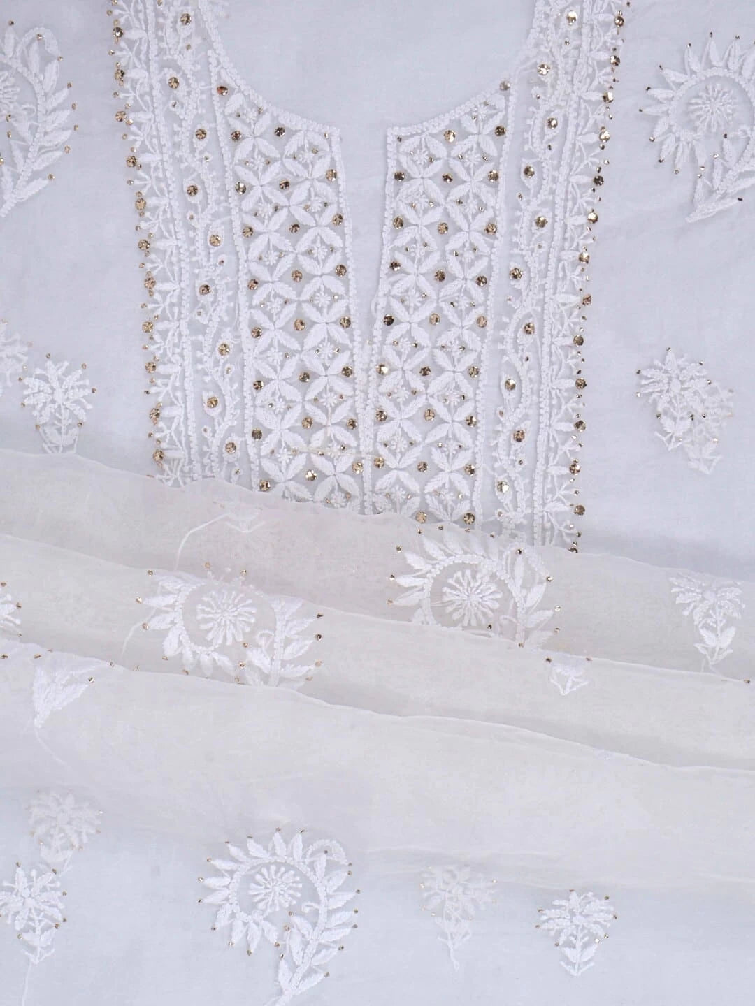 Ada Hand Embroidered White Organza Lucknowi Chikankari Unstitched Kurta Dupatta Set With Muqaish Work 01A226930