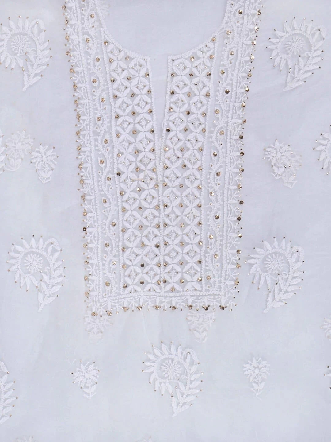 Ada Hand Embroidered White Organza Lucknowi Chikankari Unstitched Kurta Dupatta Set With Muqaish Work 01A226930
