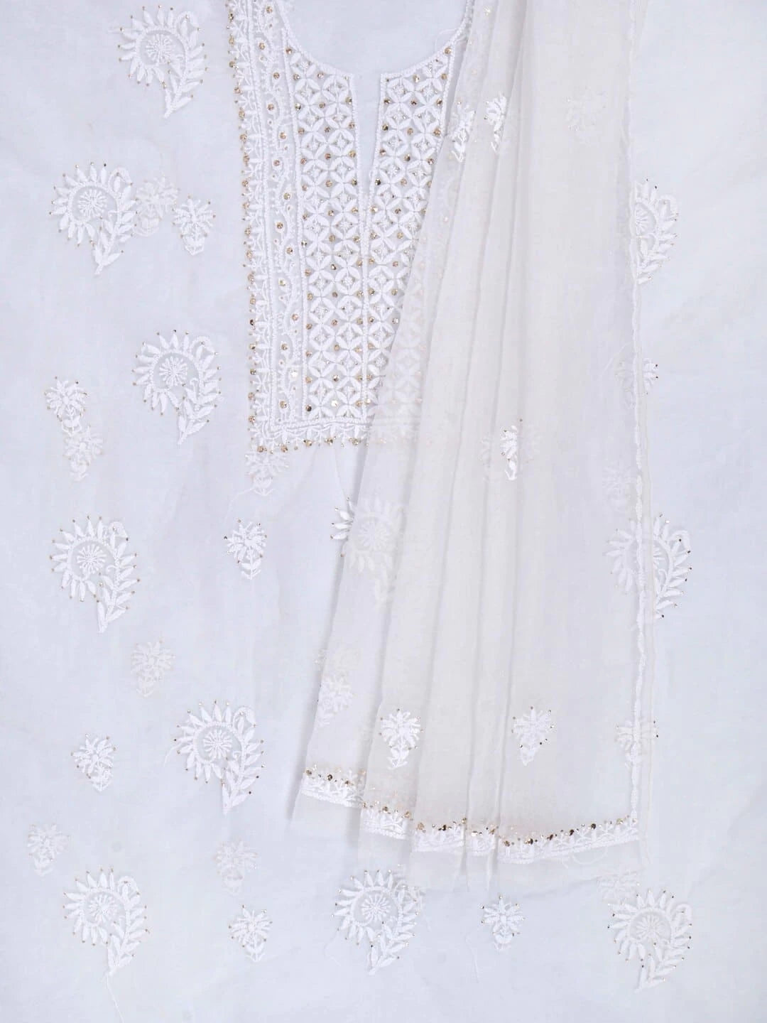 Ada Hand Embroidered White Organza Lucknowi Chikankari Unstitched Kurta Dupatta Set With Muqaish Work 01A226930